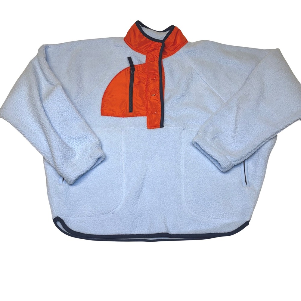 NWT Thread & Supply Womens Sherpa Fleece Pullover Light Blue Orange Snaps Medium